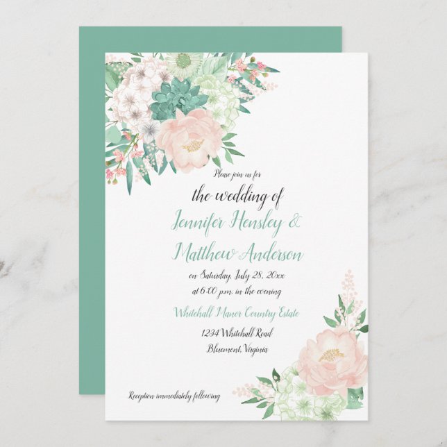 Mint Green and Blush Watercolor Floral Wedding Invitation (Front/Back)