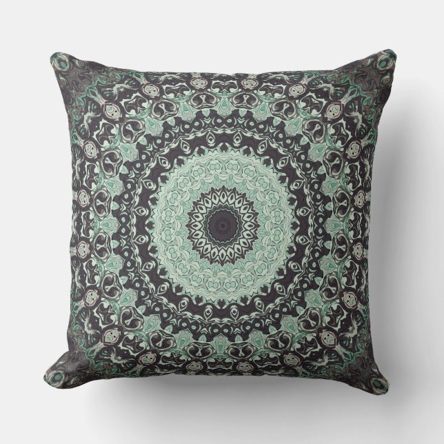 Mint Green and Charcoal Mandala Pattern Cushion (Front)
