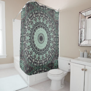 Mint Green and Charcoal Mandala Pattern Shower Curtain