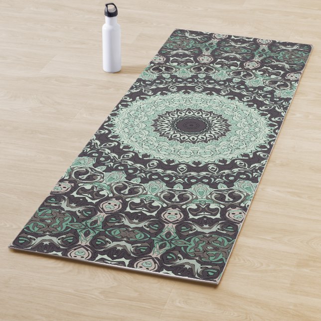 Mint Green and Charcoal Mandala Pattern Yoga Mat (In Situ)
