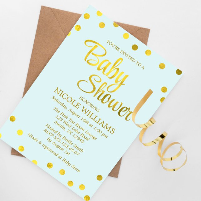 Mint Green and Faux Gold Confetti Dots Baby Shower Invitation (Creator Uploaded)
