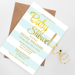 Mint Green and Faux Gold Stripes Baby Shower Invitation