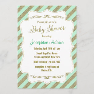Mint Green and Gold Glitter Baby Shower Invitation