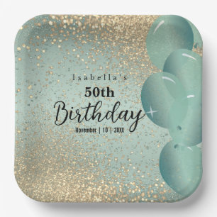 Mint Green and Gold Glitter Birthday Paper Plate