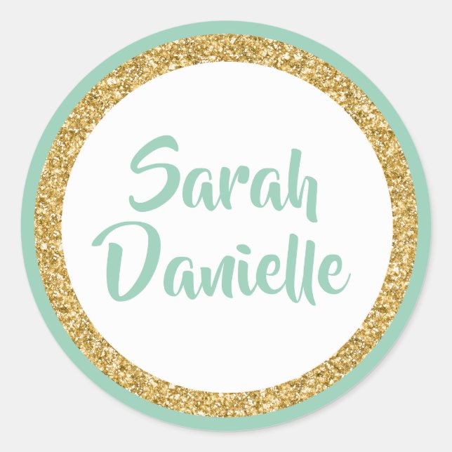 Mint Green and Gold Glitter Favour Sticker (Front)