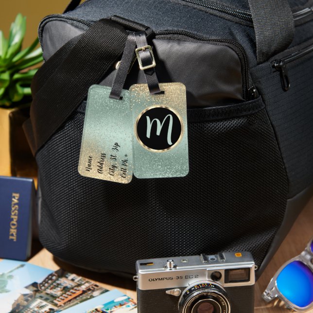 Mint Green and Gold Glitter - Monogram Luggage Tag (Front & Back)