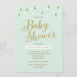 Mint Green and Gold Glitter Raindrops Baby Shower Invitation