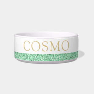 Mint Green and Gold Glitter Sparkle Name Pet Bowl