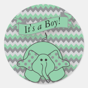 Mint Green and Grey Chevron Baby Elephant Classic Round Sticker