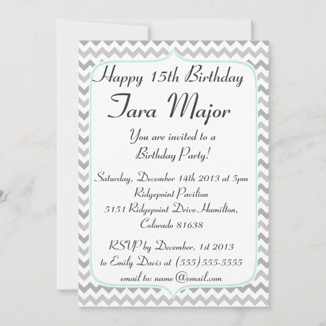 Mint Green and Grey Chevron Birthday Invitation (Front)