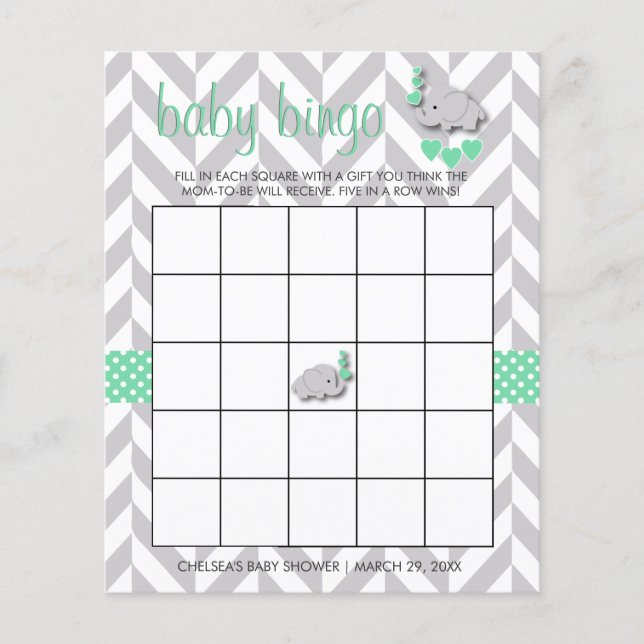 Mint Green and Grey Elephant Baby Shower Bingo (Front)
