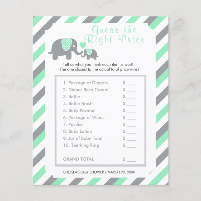 Mint Green and Grey Stripe Elephant - Price Flyer (Front)