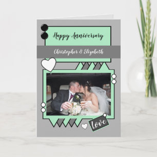Mint green and grey with photo names anniversary card