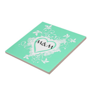 Mint green and heart monogram tile