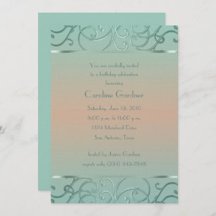 Mint Green and Peach Filigree Border Birthday Invitation