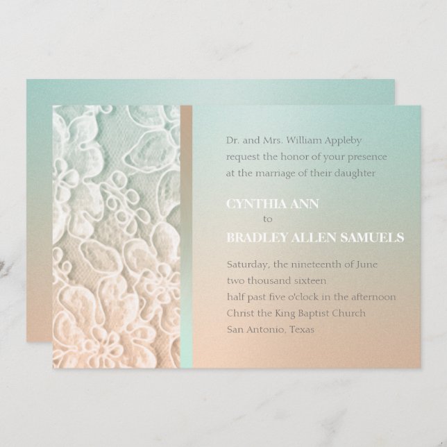Mint Green and Peach Lace Wedding Invitation (Front/Back)