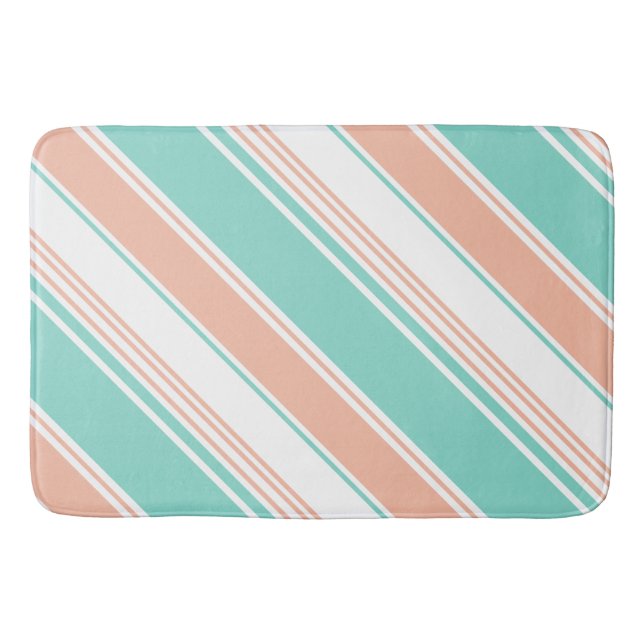 Mint Green and Peach Modern Stripes Bath Mat (Front)