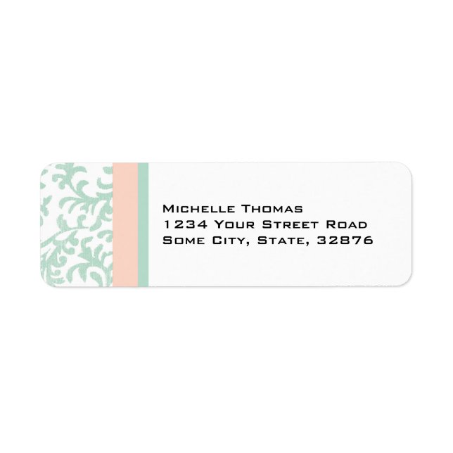 Mint Green and Peach Pink Damask Return Address (Front)