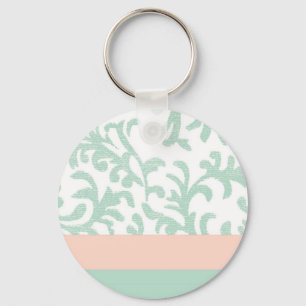 Mint Green and Peach Pink Floral Pattern Key Ring