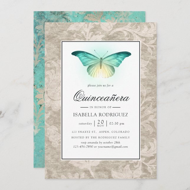 Mint Green and Pearl Damask Quinceañera Invitation (Front/Back)