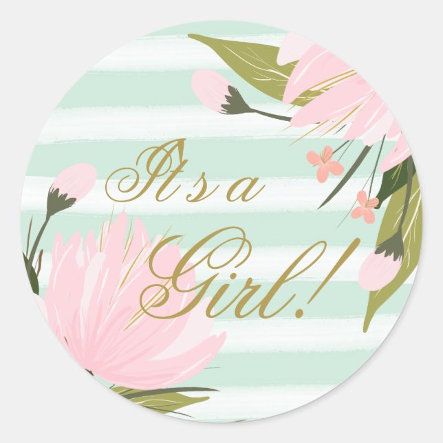 Mint Green and Pink Baby Shower Classic Round Sticker (Front)