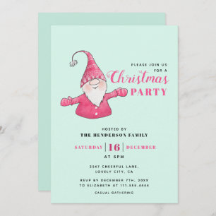 Mint Green and Pink Cute Gnome Christmas Invitation