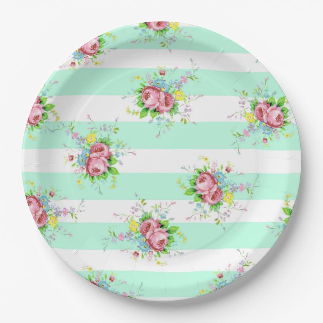 Mint Green and Pink Floral Dinner Paper Plates (Front)