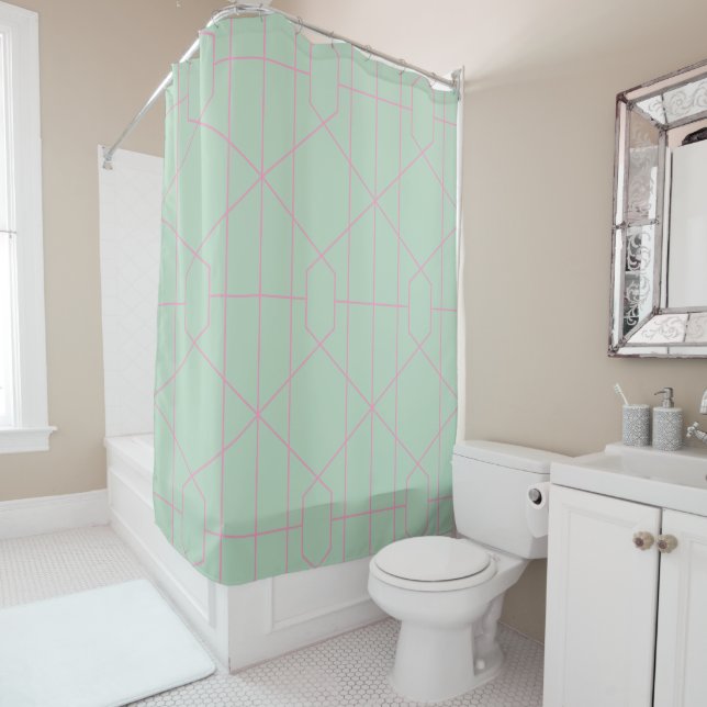Mint Green and Pink Geometric Lines Pattern Shower Curtain (In Situ)