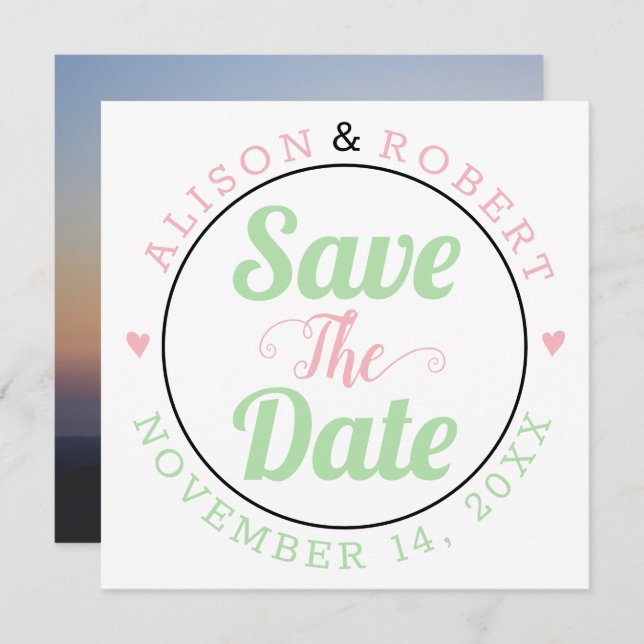 Mint green and pink typography photo on the back save the date (Front/Back)