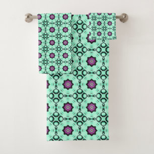 Mint green and purple geometric mandala pattern  bath towel set