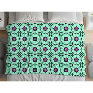 Mint green and purple geometric mandala pattern fleece blanket