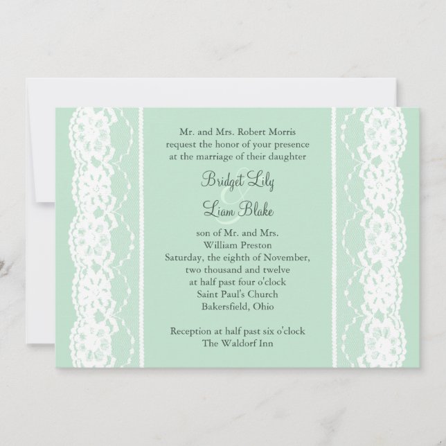 Mint Green and Vintage Lace Wedding Invitation (Front)