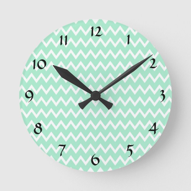 Mint Green and White Chevron Pattern Round Clock (Front)