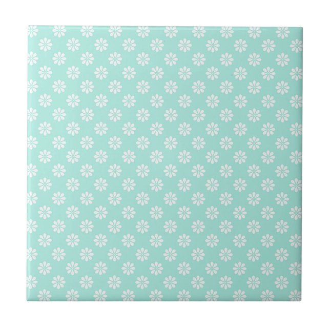 Mint Green and White Daisies Patterned Tile (Front)