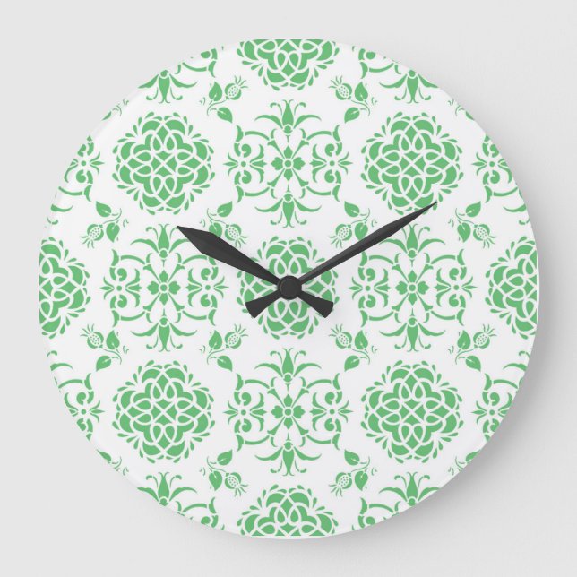 Mint Green and White Floral Damask Style Pattern Large Clock (Front)