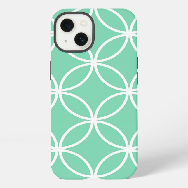 Mint Green and White Geometric Pattern Circles iPhone Case (Back)