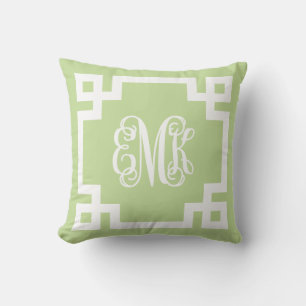 Mint Green and White Greek Key Script Monogram Cushion