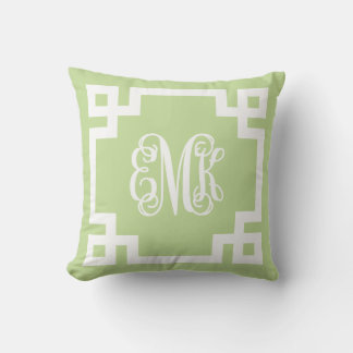Mint Green and White Greek Key Script Monogram Cushion