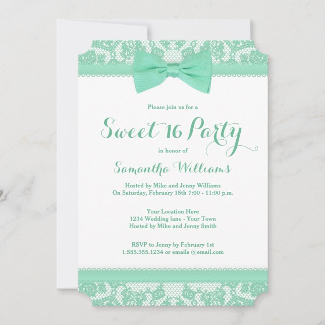 Mint Green and White Lace Bow Sweet 16 Party Invitation (Front)