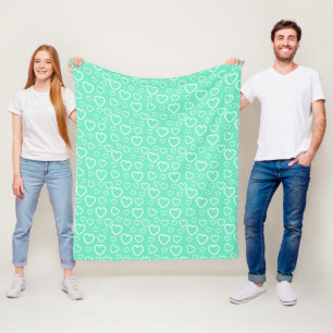 Mint Green and White Love Hearts Pattern Fleece Blanket