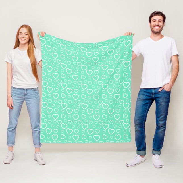 Mint Green and White Love Hearts Pattern Fleece Blanket (In Situ)