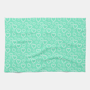 Mint Green and White Love Hearts Pattern Tea Towel