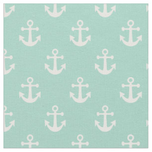 Mint Green and White Nautical Anchors Pattern Fabric