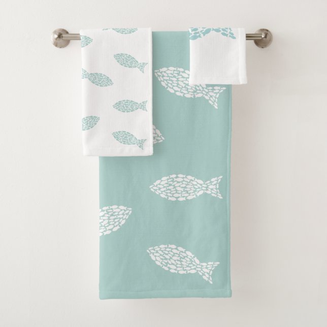 Mint green and white nautical fish bath towel set (Insitu)
