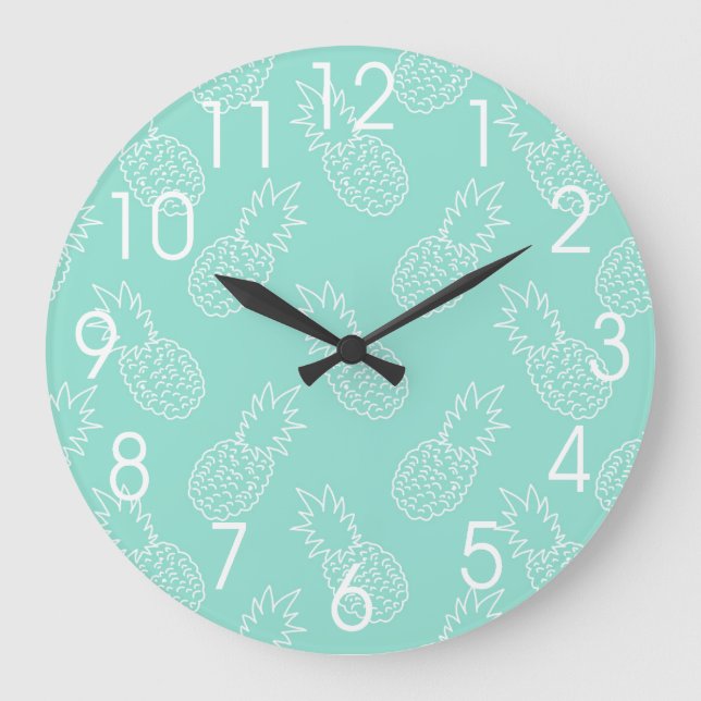 Mint Green and White Pineapple Pattern Large Clock (Front)