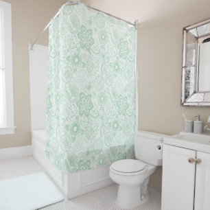 Mint-green and white retro flowers and butterflies shower curtain
