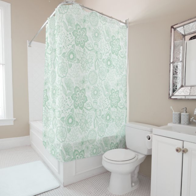 Mint-green and white retro flowers and butterflies shower curtain (In Situ)