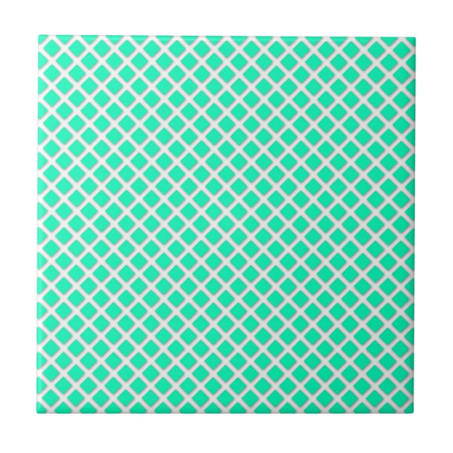 Mint Green and White Tilted Squares Pattern Tile (Front)