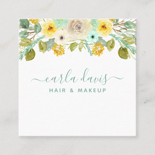 Mint Green and Yellow Floral Elegant Makeup Artist Square Business Card (Front)