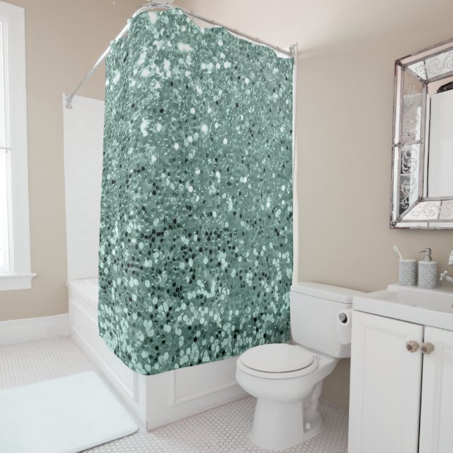 Mint Green Aqua Blue Glitter Sequin Glam Shower Curtain (In Situ)